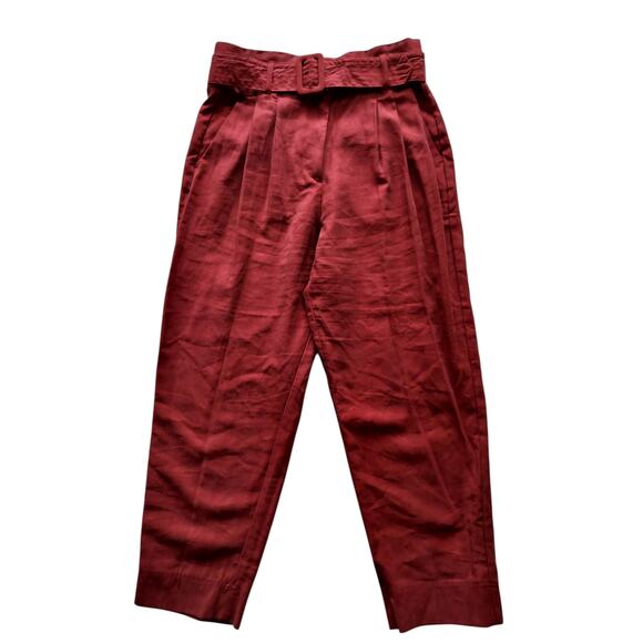 H&M Women's Burgundy Belted Pleated Straight Leg Trouser Pants Size 8 - Picture 1 of 9